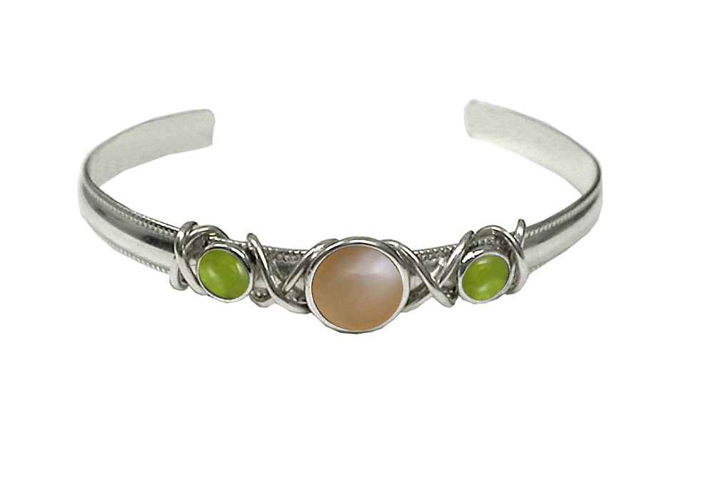 Sterling Silver Hand Made Cuff Bracelet With Peach Moonstone And Peridot